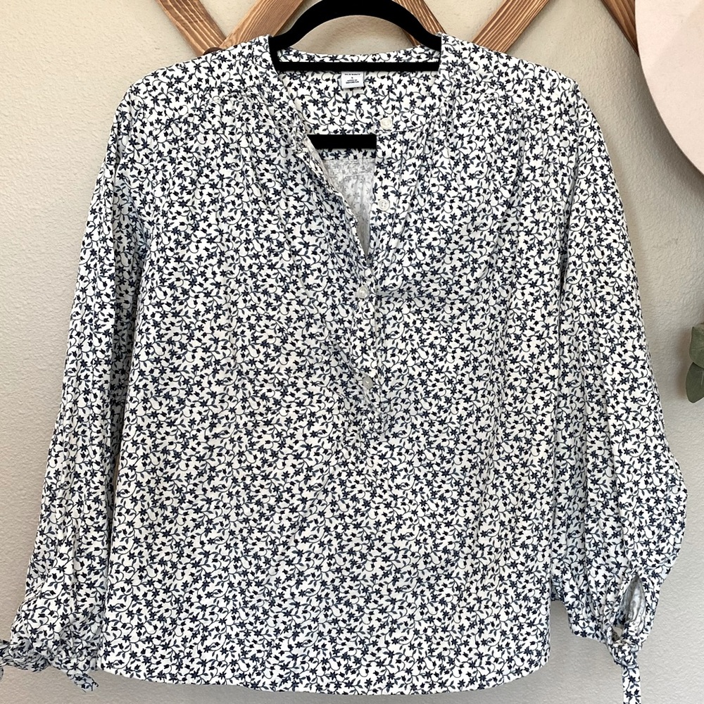 Corduroy Blouse with Tied Sleeves - Blue Floral Print